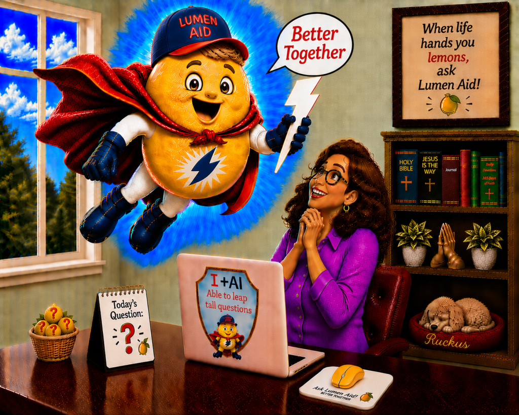 Lumen Aid, Jeannie’s lemon-shaped AI superhero assistant, flying beside Jeannie at her computer.