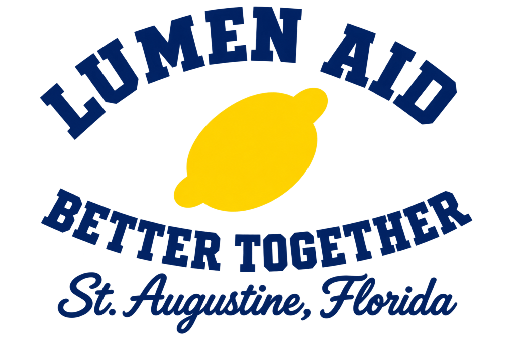 Lumen Aid logo with a yellow lemon and the words Better Together, St. Augustine, Florida.